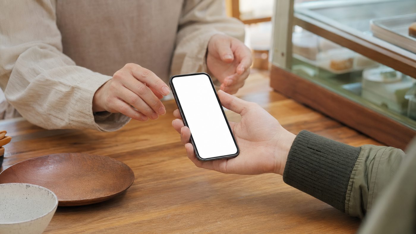 会計時にお客様がスマートフォンの画面を提示している様子